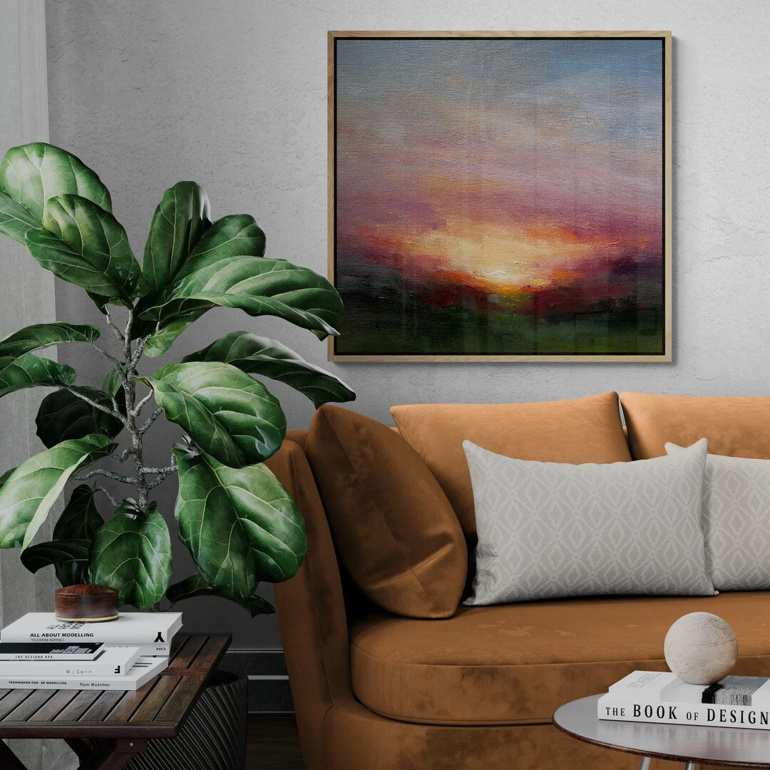 Landscape acrylic painting of a setting sunset with dark foreground and shadows and light in the sky.