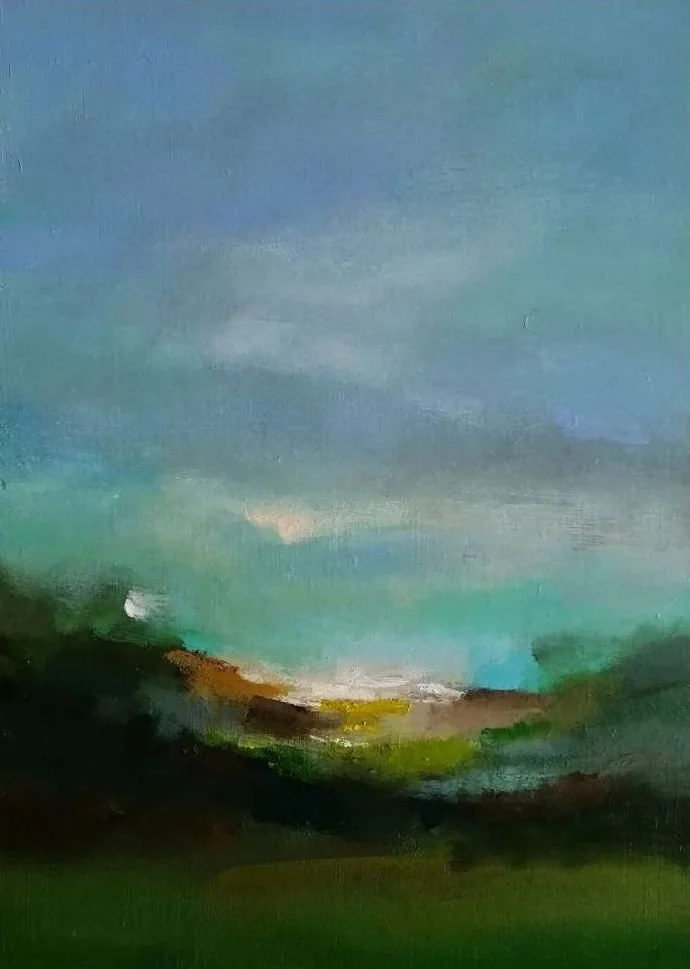 Landscape acrylic painting of a dawn sun breaking over the horizon, blue sky with pink clouds and shadows in the foreground.