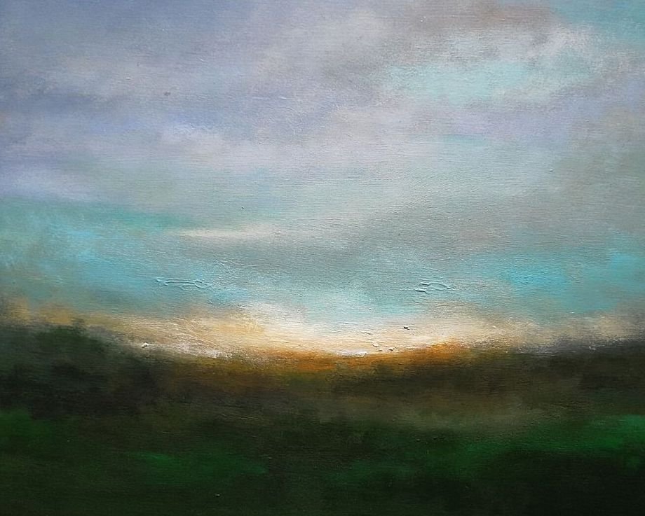Landscape acrylic painting of a glowing sunset raising into the sky filled with pink clouds and light and dark shadows in the foreground.