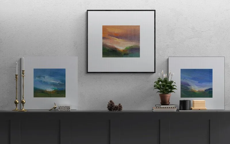 A small selection of small acrylic paintings on paper by Mary Burtenshaw