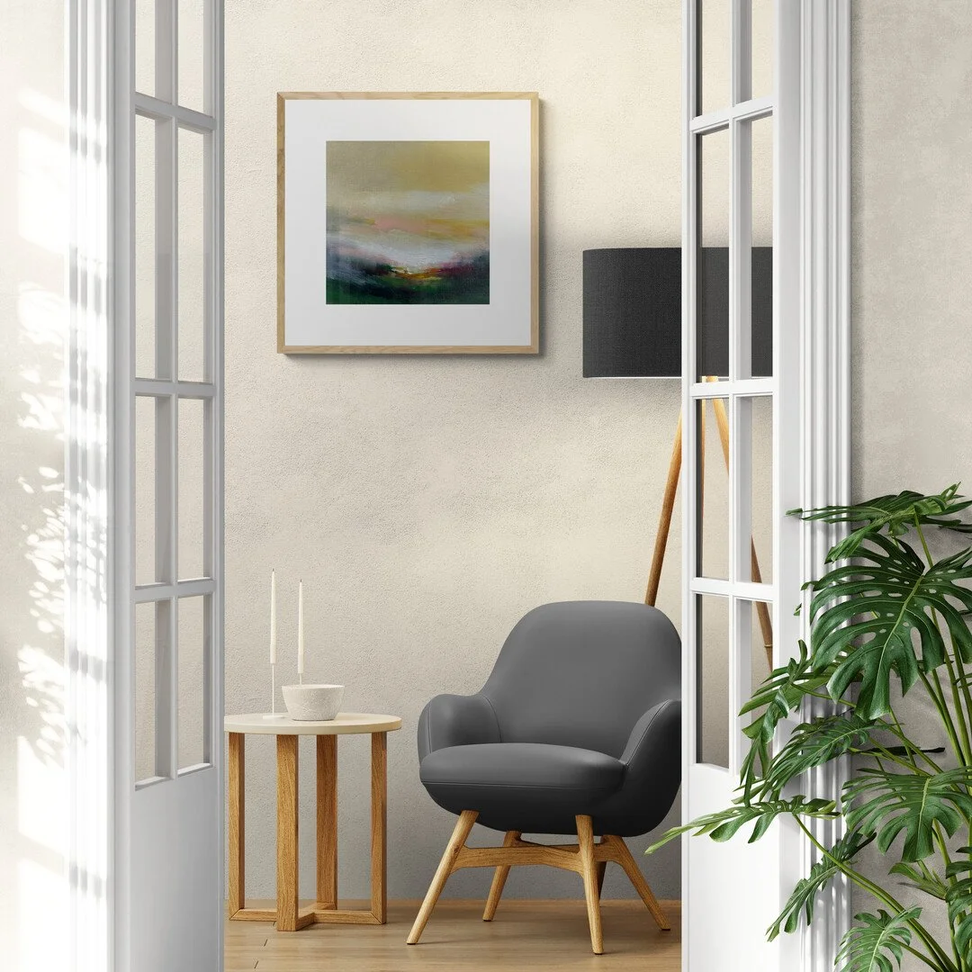 Ochre Sunset small original landscape painting in interior setting by Mary Burtenshaw