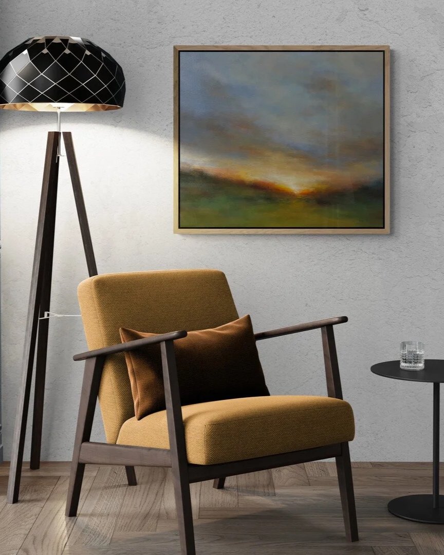Silent Dawn impressionist sunset painting styled in modern living room above armchair and floor lamp