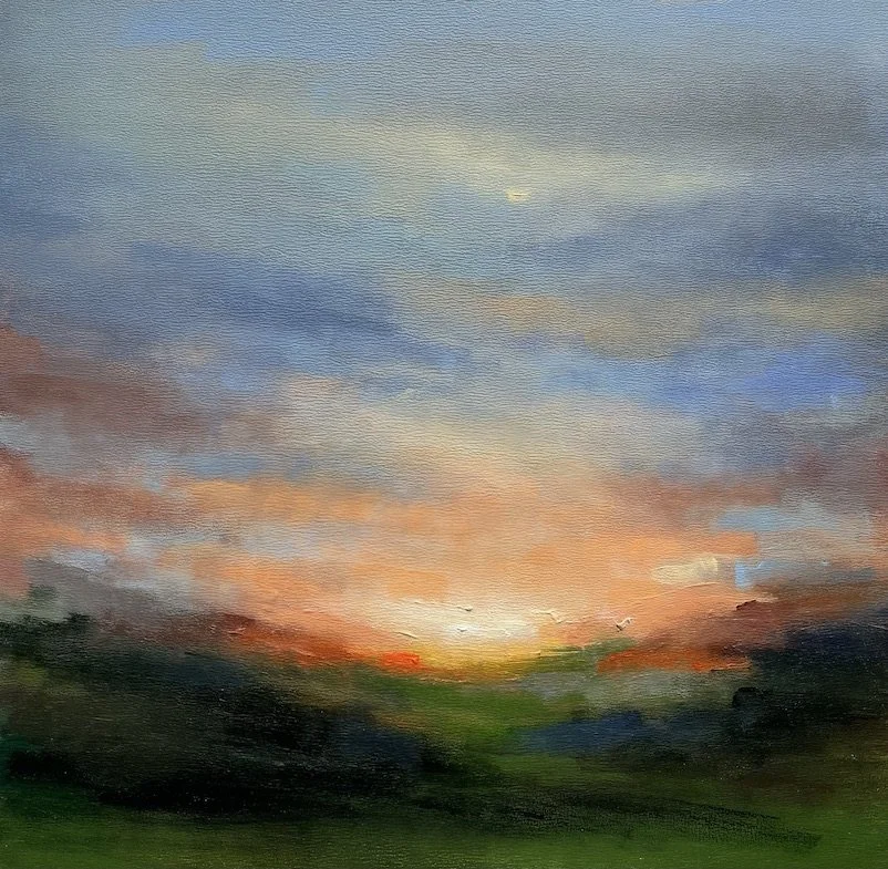 Landscape acrylic painting of a late afternoon sun setting on the horizon, orange clouds in a blue sky and light and dark shadows in the foreground.