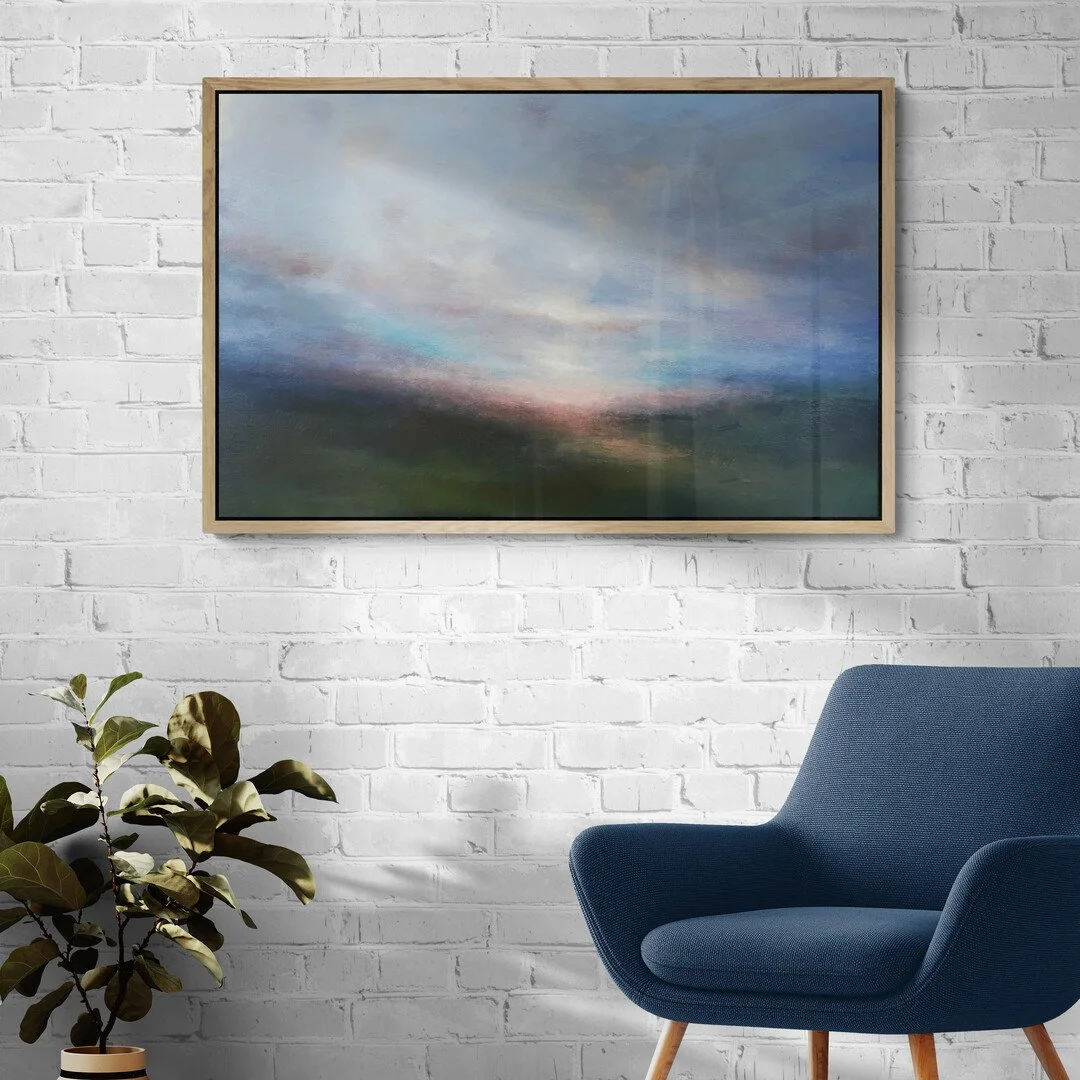 Landscape acrylic painting of a setting sunset with pink on the horizon, dark foreground and shadows and pale blue touches in the sky.