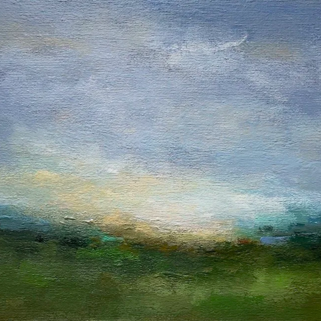 Mist on the Downs close up showing texture and brushstrokes of abstract landscape painting by Mary Burtenshaw