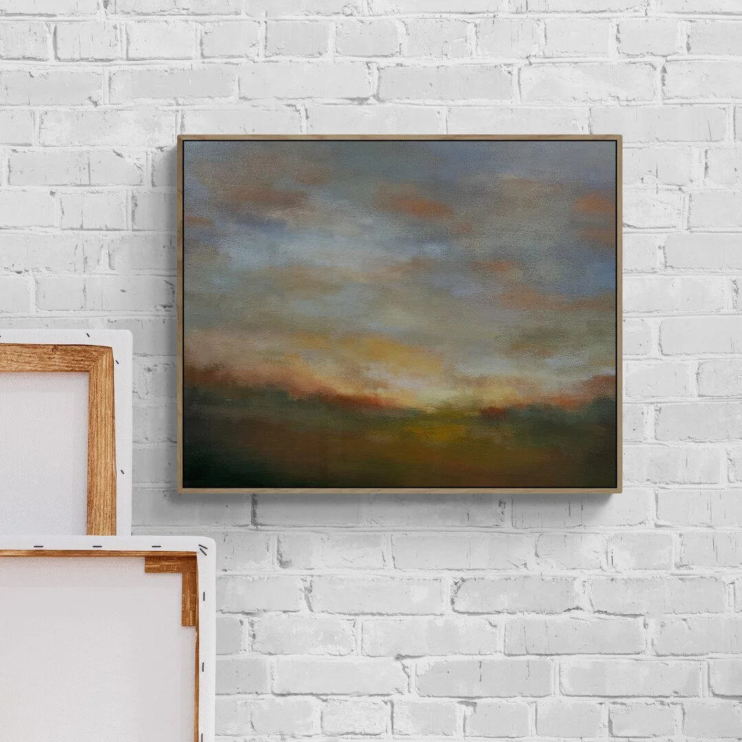 Enchanting Clouds original abstract acrylic sky painting on canvas styled on a studio brick wall, by artist Mary Burtenshaw