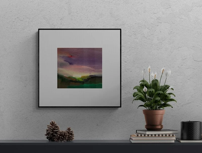 Twilight Lull a small pink and purple sunset painting by Mary Burtenshaw
