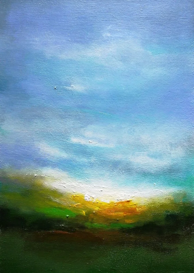 Landscape acrylic painting of a dawn sun breaking over the horizon, blue sky with pink clouds and shadows in the foreground.