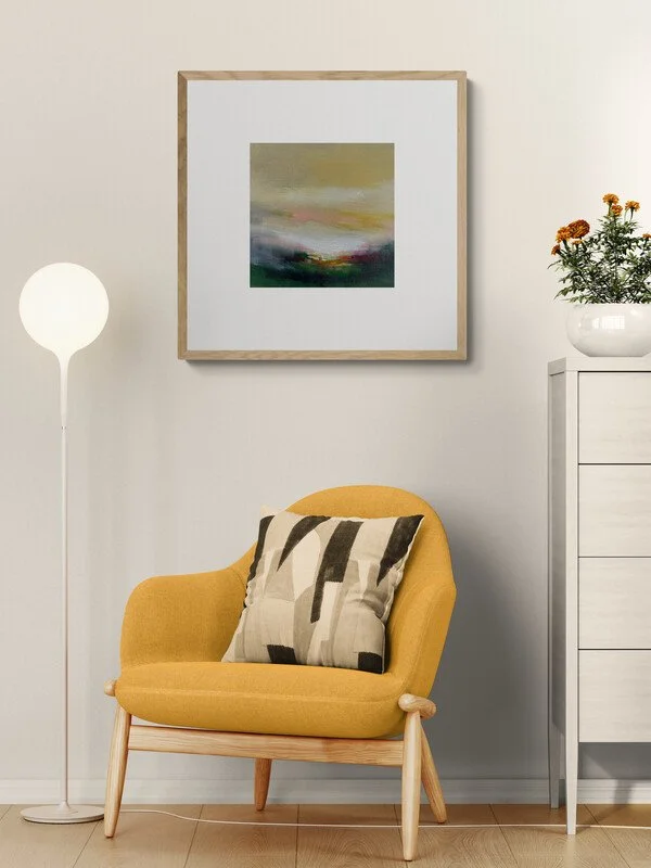 Ochre Sunset original landscape acrylic painting featuring a warm golden sky by Mary Burtenshaw