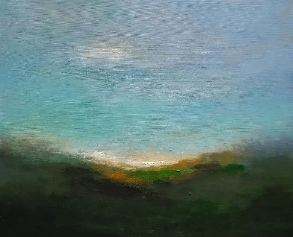 Landscape acrylic painting of a glowing sunset raising into the sky filled with pink clouds and light and dark shadows in the foreground.
