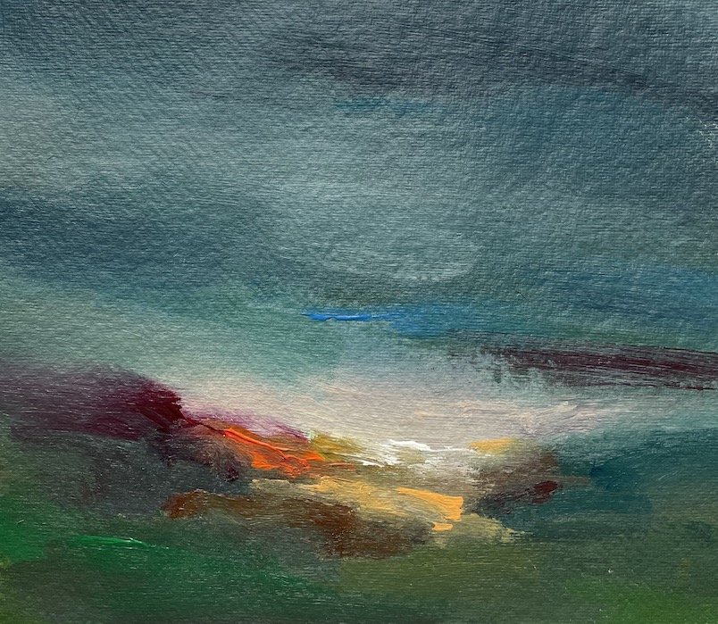 Broody Sunset an abstract sunset painting on paper by Mary Burtenshaw