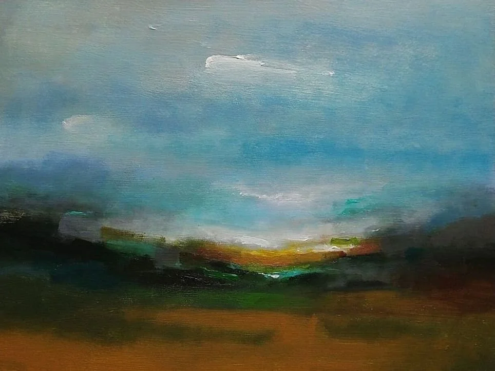 Landscape acrylic painting of a late afternoon sun setting on the horizon, orange clouds in a blue sky and light and dark shadows in the foreground.