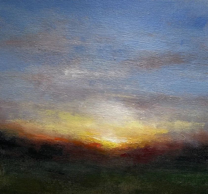 Landscape acrylic painting of a setting sunset with dark foreground and shadows and lots of orange tones  in the sky.