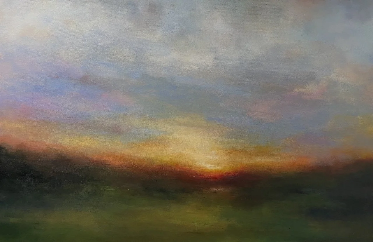 Evening Blush Impressionist Sunset Landscape Painting with touches of pink in the sky by Mary Burtenshaw