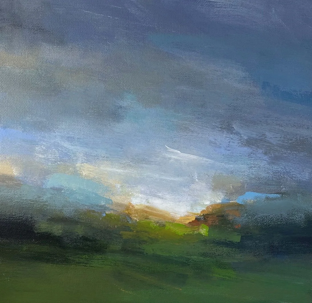An abstract landscape painting depicting a lush green field, showcasing vibrant colours and a sense of tranquility.