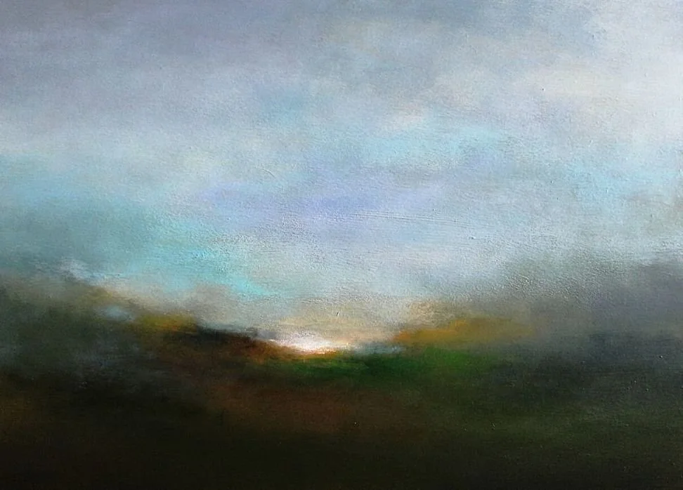Landscape acrylic painting of a glowing sunset raising into the sky filled with pink clouds and light and dark shadows in the foreground.