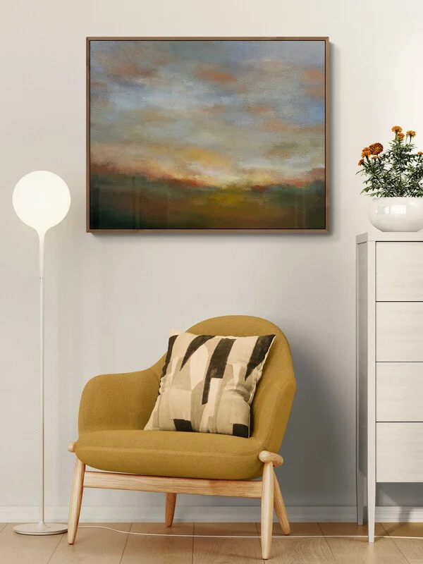 Enchanting Clouds Impressionist landscape painting on canvas above a chair on wall by Mary Burtenshaw