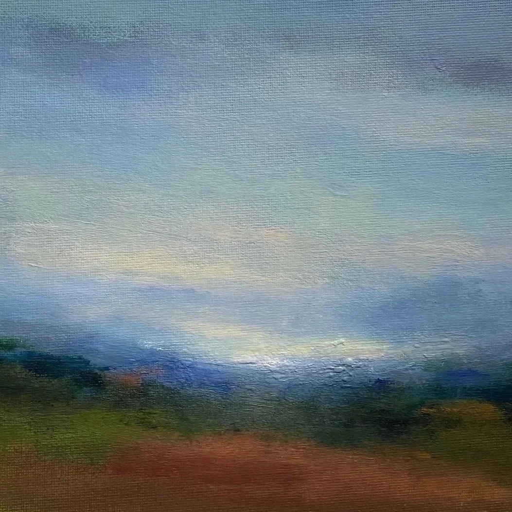 Dew on the Downs close up of impressionist landscape painting showing texture and light by Mary Burtenshaw