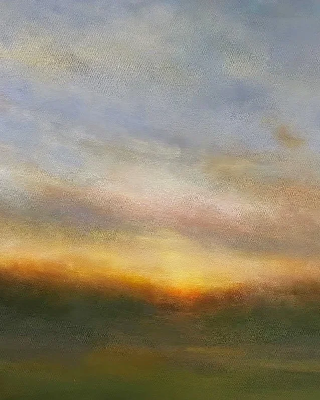 Melancholy Sun Close up of impressionist landscape painting by Mary Burtenshaw
