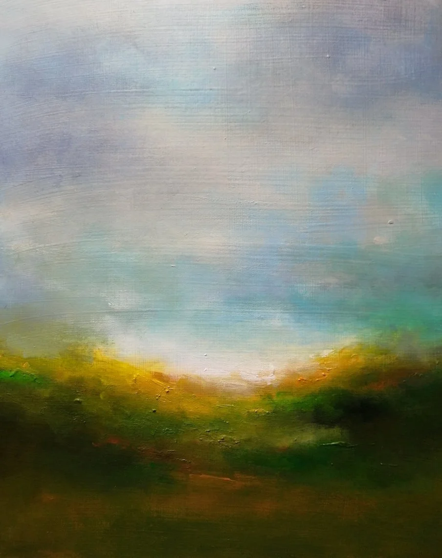 Landscape acrylic painting of a dawn sun breaking over the horizon, blue sky with pink clouds and shadows in the foreground.
