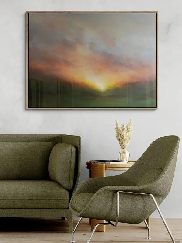 Evening Radiance large impressionist blue and green sunset canvas painting for sale over a living room sofa and chair