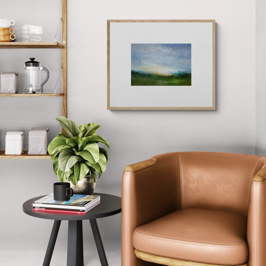 Mist on the Downs abstract landscape painting hanging on a kitchen wall above an armchair