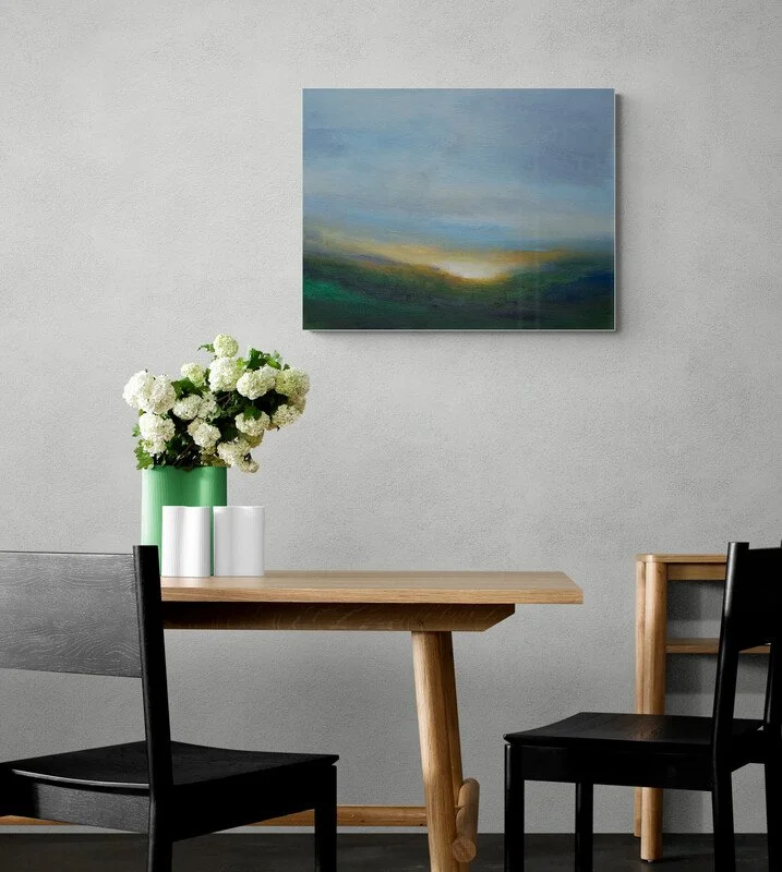Melancholy Dawn impressionist and abstract green and blue canvas painting for sale over dinning room table and chairs