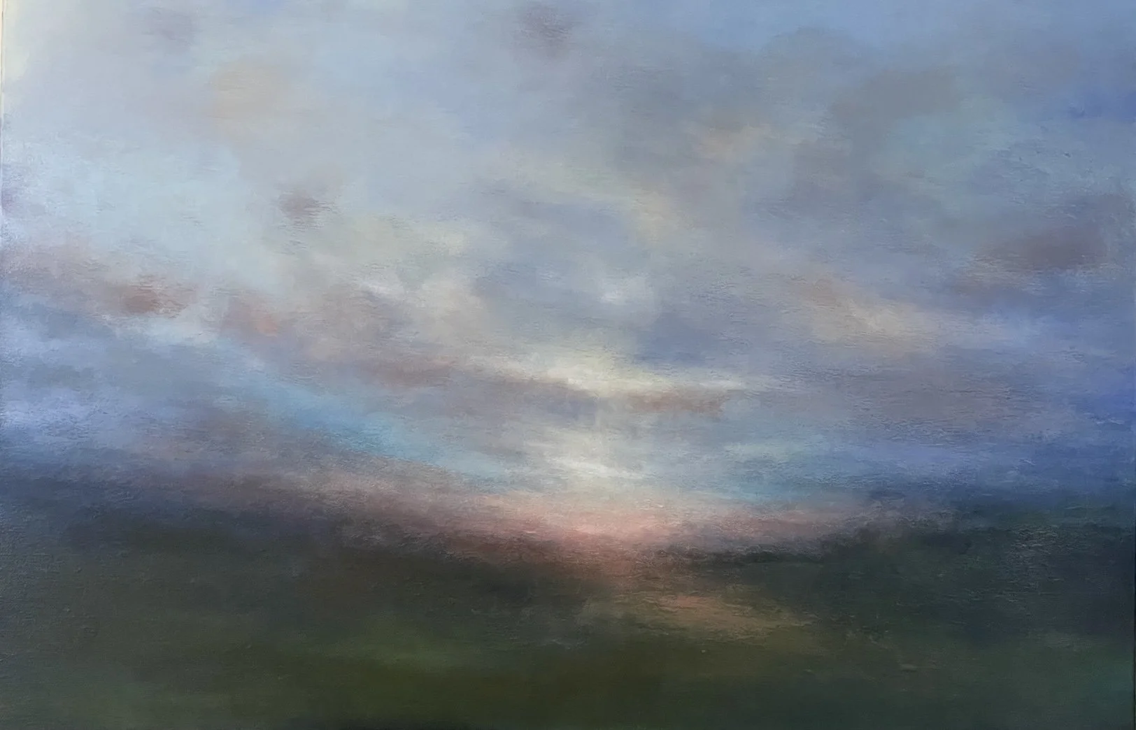 Drifting Clouds  Impressionist Landscape Painting with touches of pink on the horizon and an atmospheric glow in the sky by Mary Burtenshaw