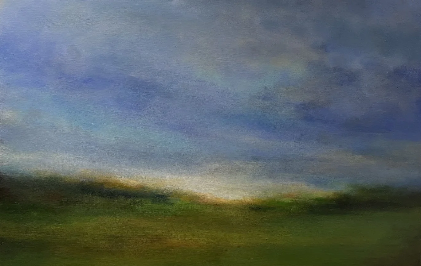 Still Summer Impressionist Summer Landscape Painting with blue tones in the sky by Mary Burtenshaw