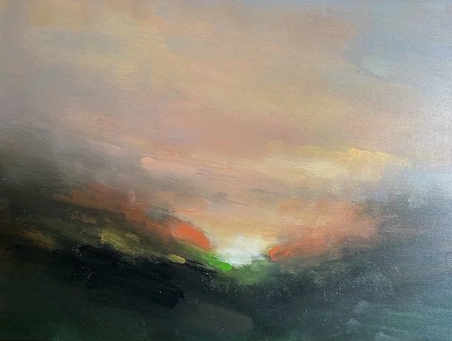 Landscape acrylic painting of a late afternoon sun setting on the horizon, orange clouds in a blue sky and light and dark shadows in the foreground.