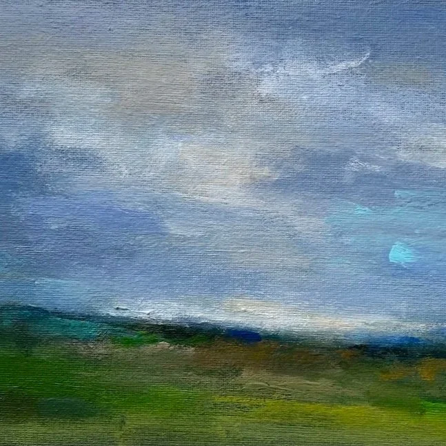 Daybreak on the Downs close up of abstract landscape painting by Mary Burtenshaw.
