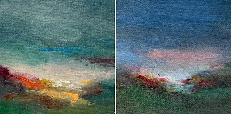 Two close up paintings on paper showing the brushstrokes and vibrant colours