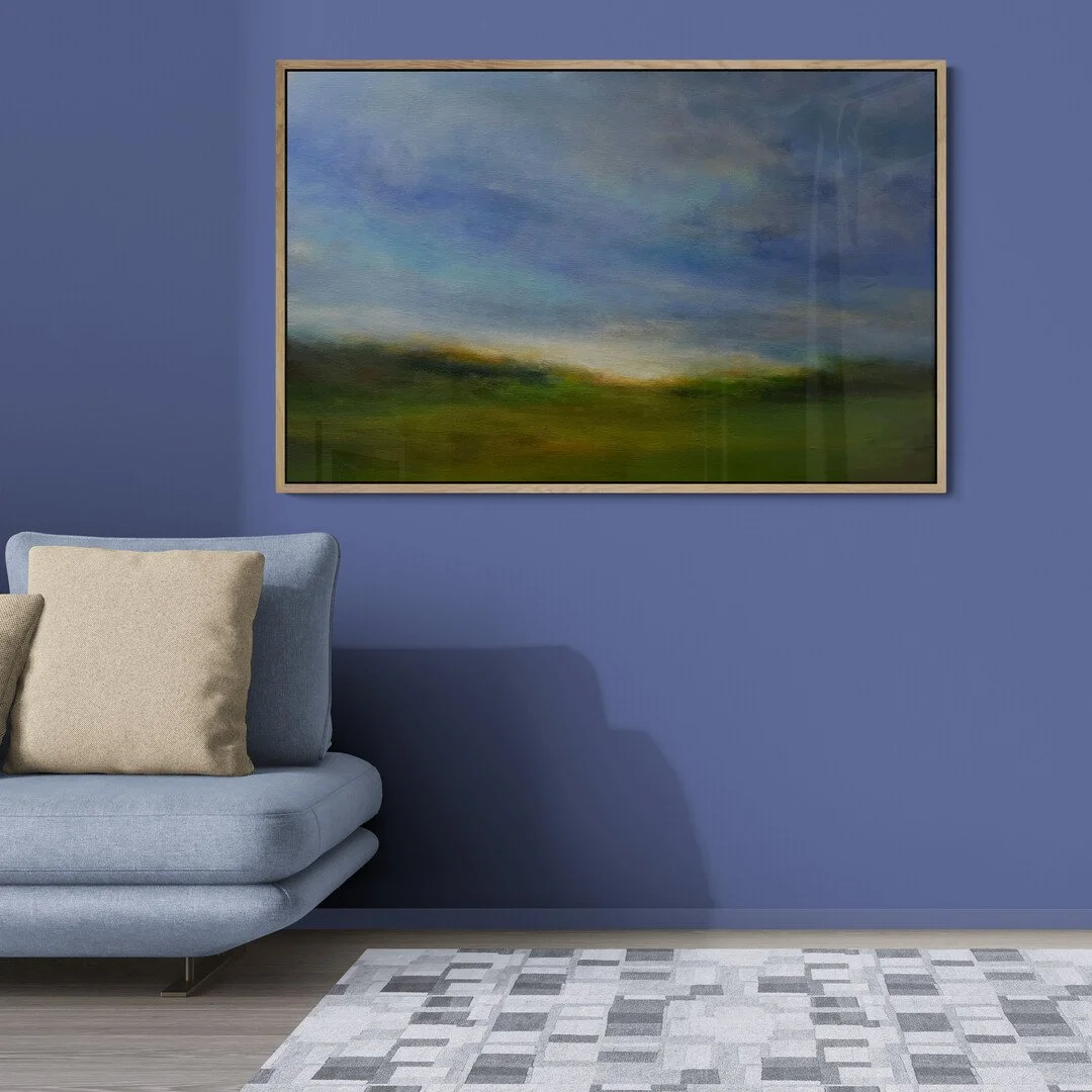 Landscape acrylic painting of a still summer day with blue tones in the sky.