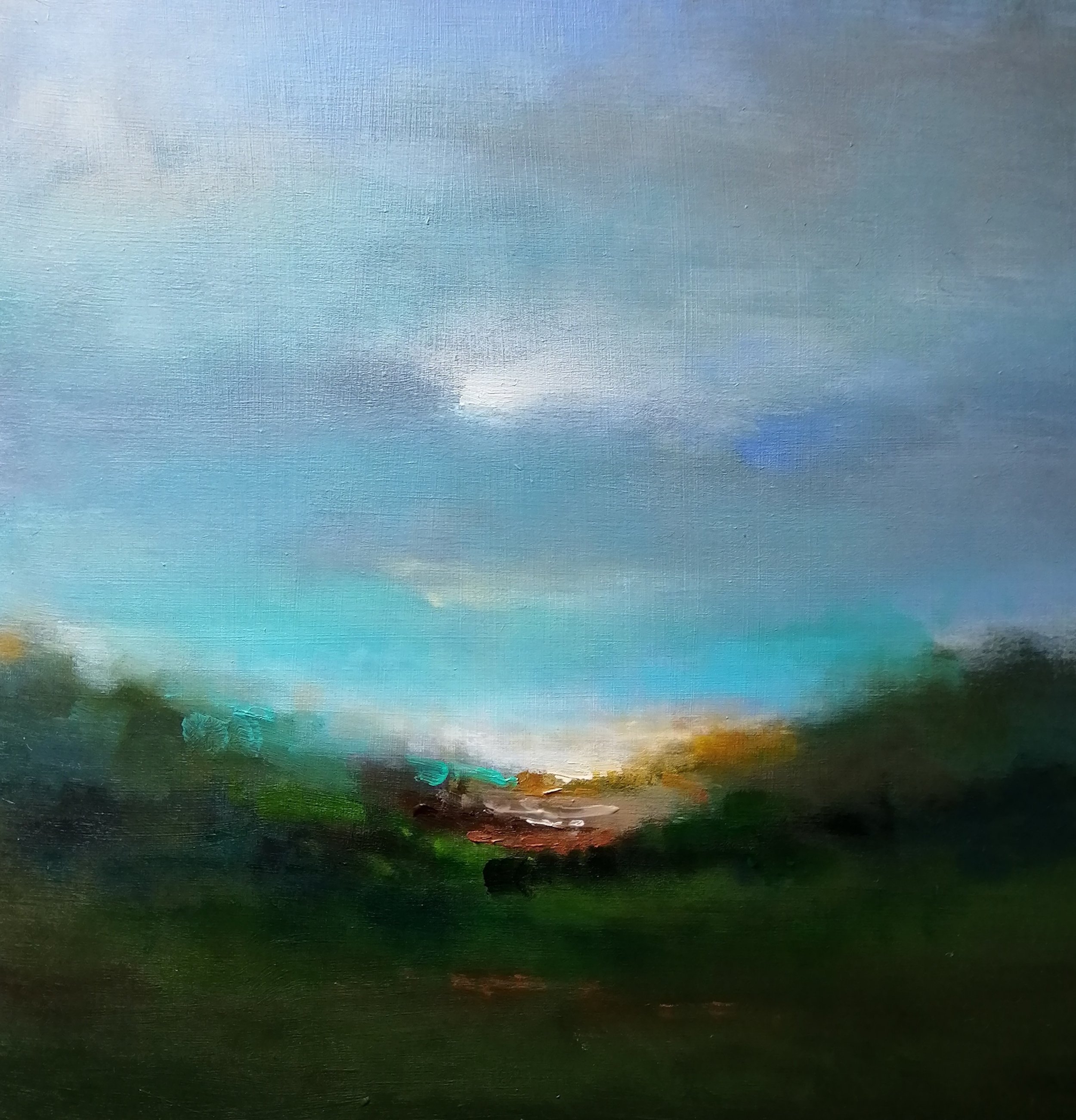 Landscape acrylic painting of a late afternoon sun setting on the horizon, orange clouds in a blue sky and light and dark shadows in the foreground.