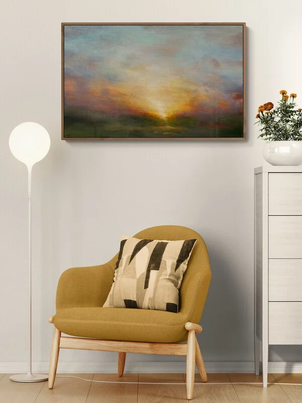Daybreak Muse impressionist landscape painting styled  over a  bedroom armchair and cabinet by Mary Burtenshaw.