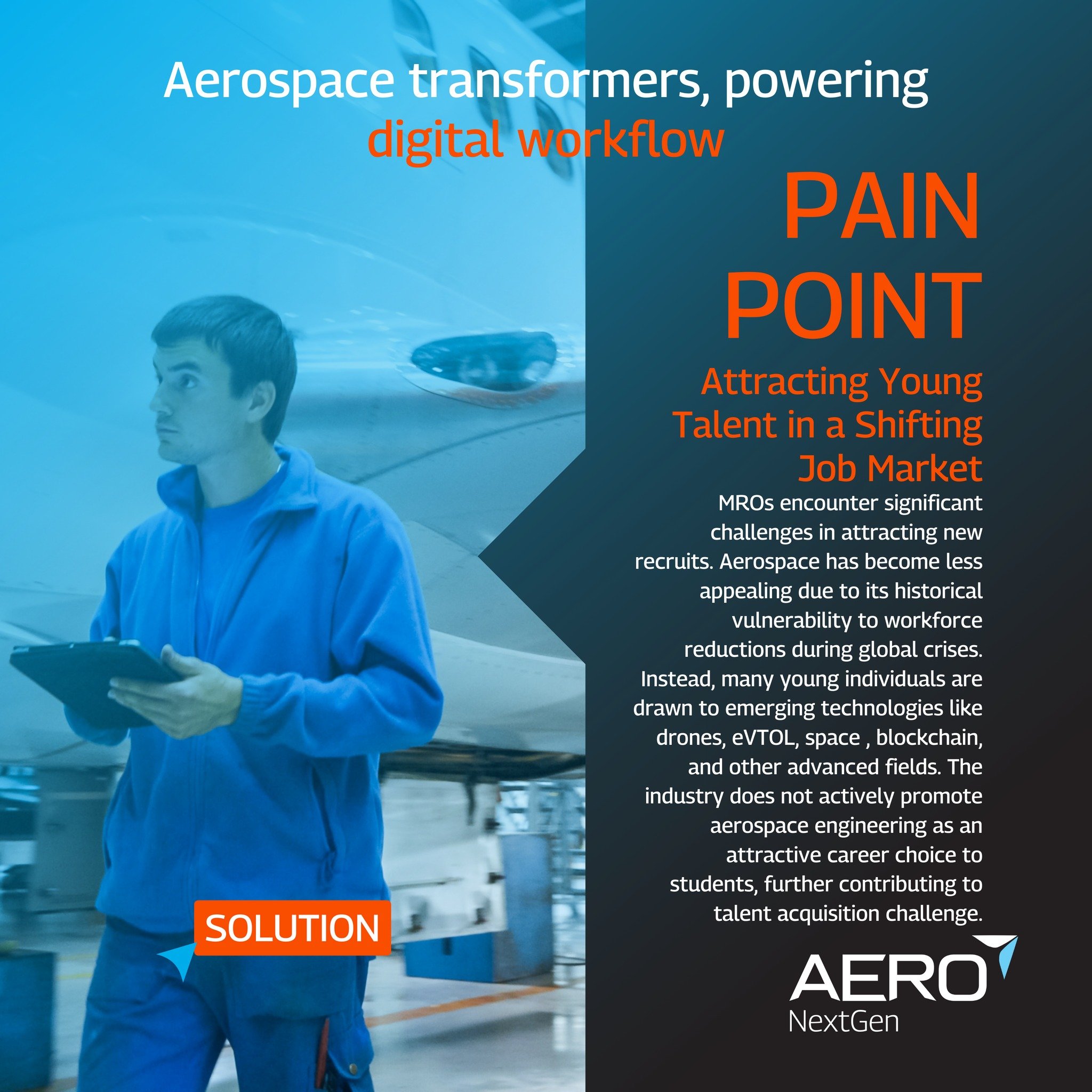 PAIN POINT ALERT |Bridging the Talent Gap in Aerospace MRO 🚨

In today&rsquo;s rapidly evolving job market, MROs face a pressing challenge: attracting the next generation of talent. 

Despite aerospace's pioneering spirit, its perceived instability 