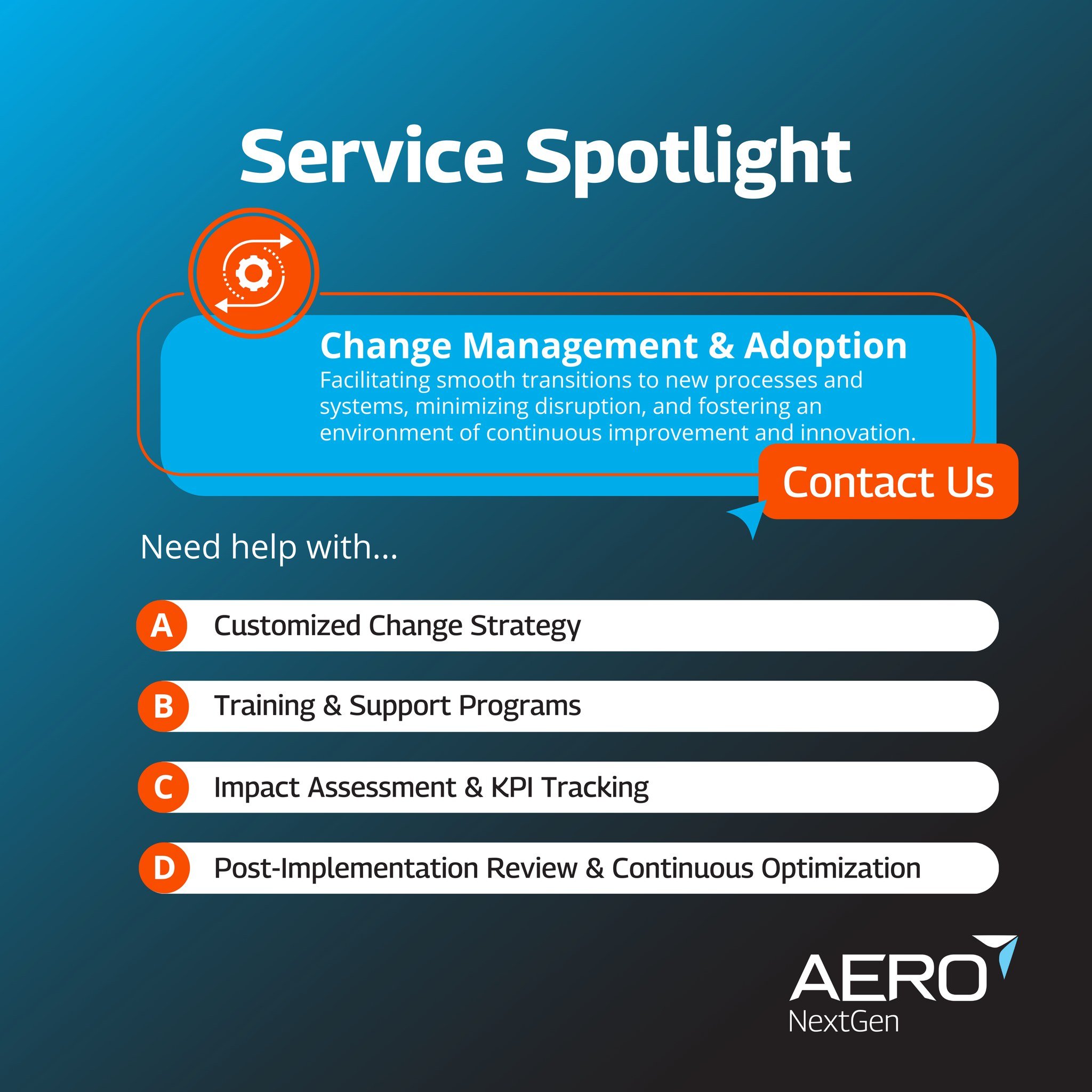 ERVICE SPOTLIGHT | Mastering Seamless Change Management &amp; Adoption with Aero NextGen 🌟

At Aero NextGen, we specialize in navigating the complexities of adopting new processes and systems within the aviation MRO sector. 

Our commitment? To ensu