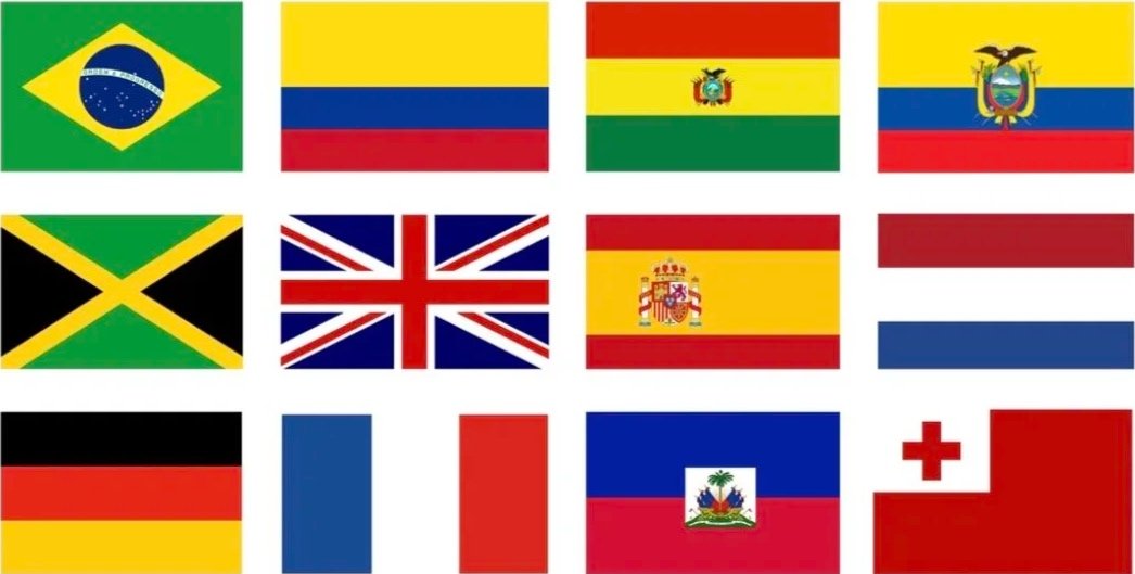 A collection of twelve flags arranged in three rows and four columns, including flags from Brazil, Colombia, Bolivia, Ecuador, Jamaica, the United Kingdom, Spain, Ecuador, Germany, France, Haiti, and Switzerland.