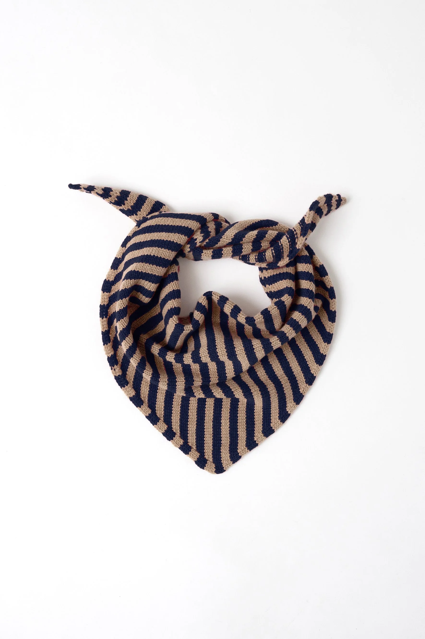 Bandana triangolare di maglia in puro cashmere | Righe Blu-Beige