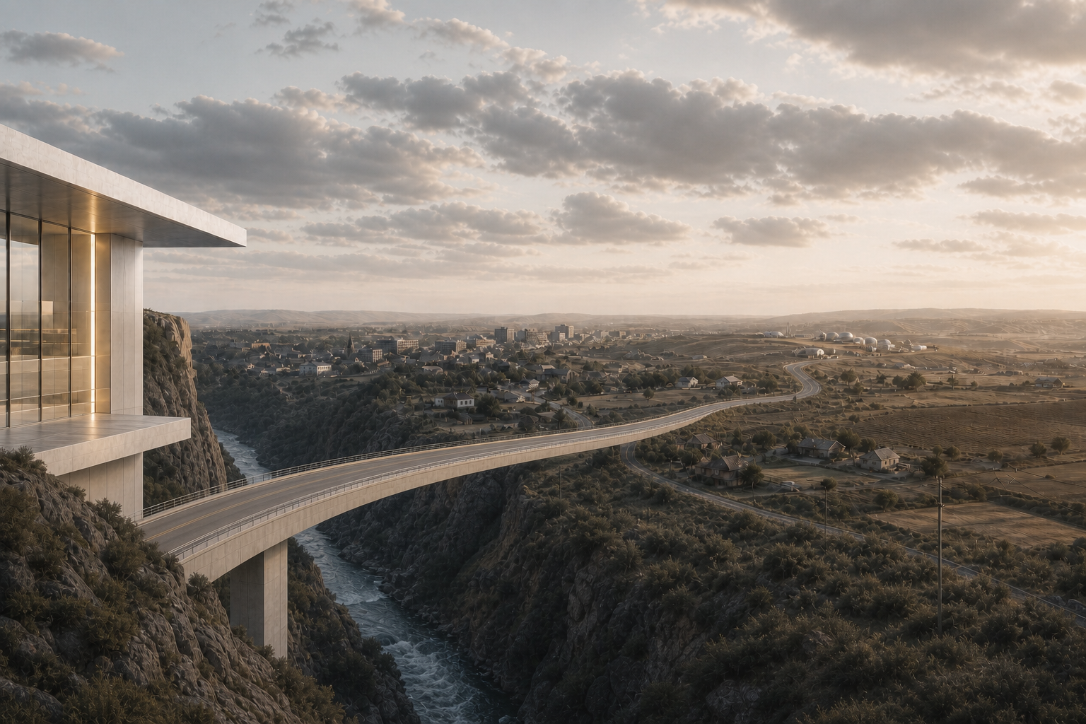 An engineered bridge extends from a controlled environment across a river chasm and into rural, urban, and austere real-world settings.