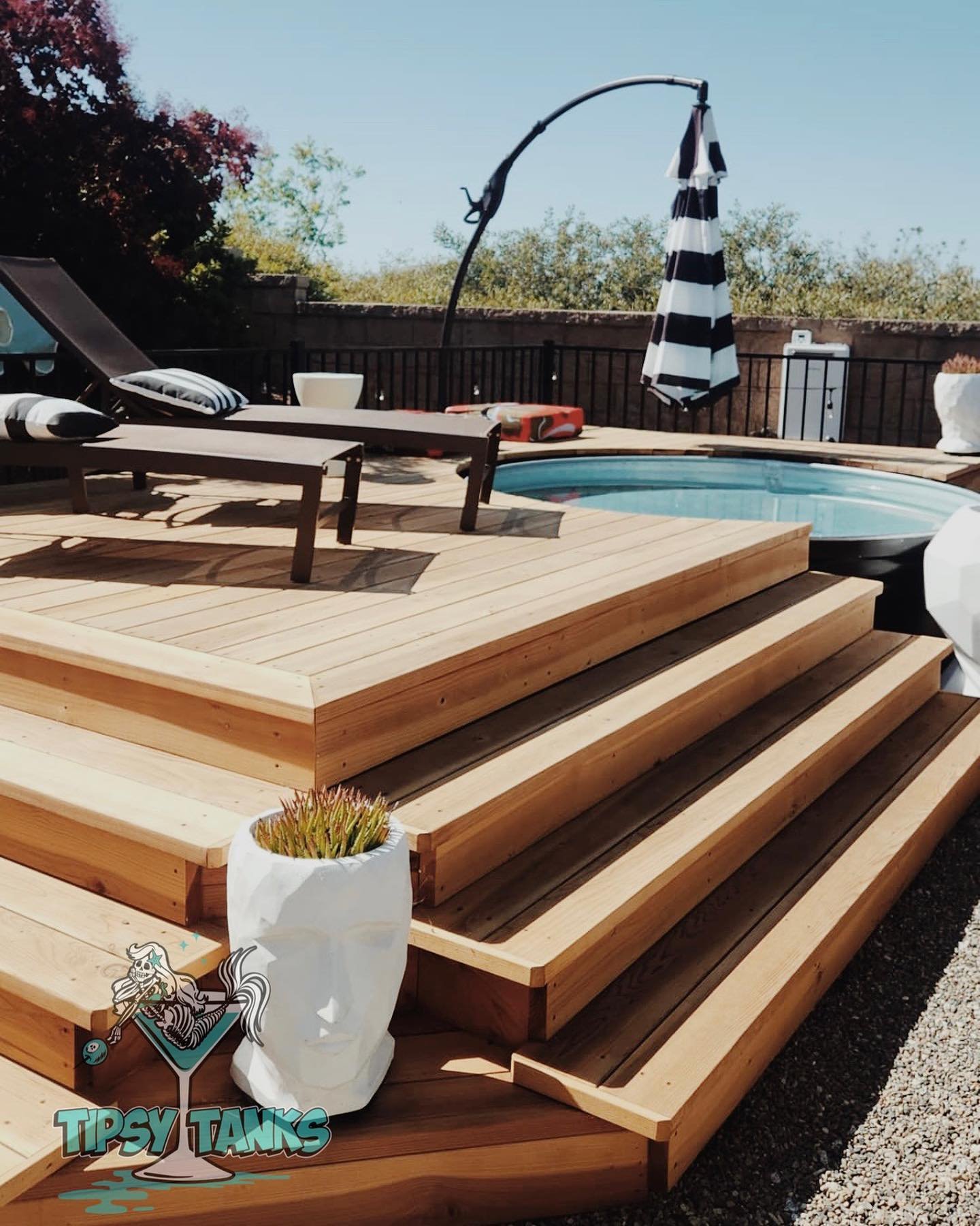 This heated 8ft stock tank pool in Paso Robles just got a makeover with this epic deck build-out!  The cool thing about our pools, they can be dressed up with wood decking for the ultimate hangout spot. 

DECK TIP 👉 before you start a deck, your tan