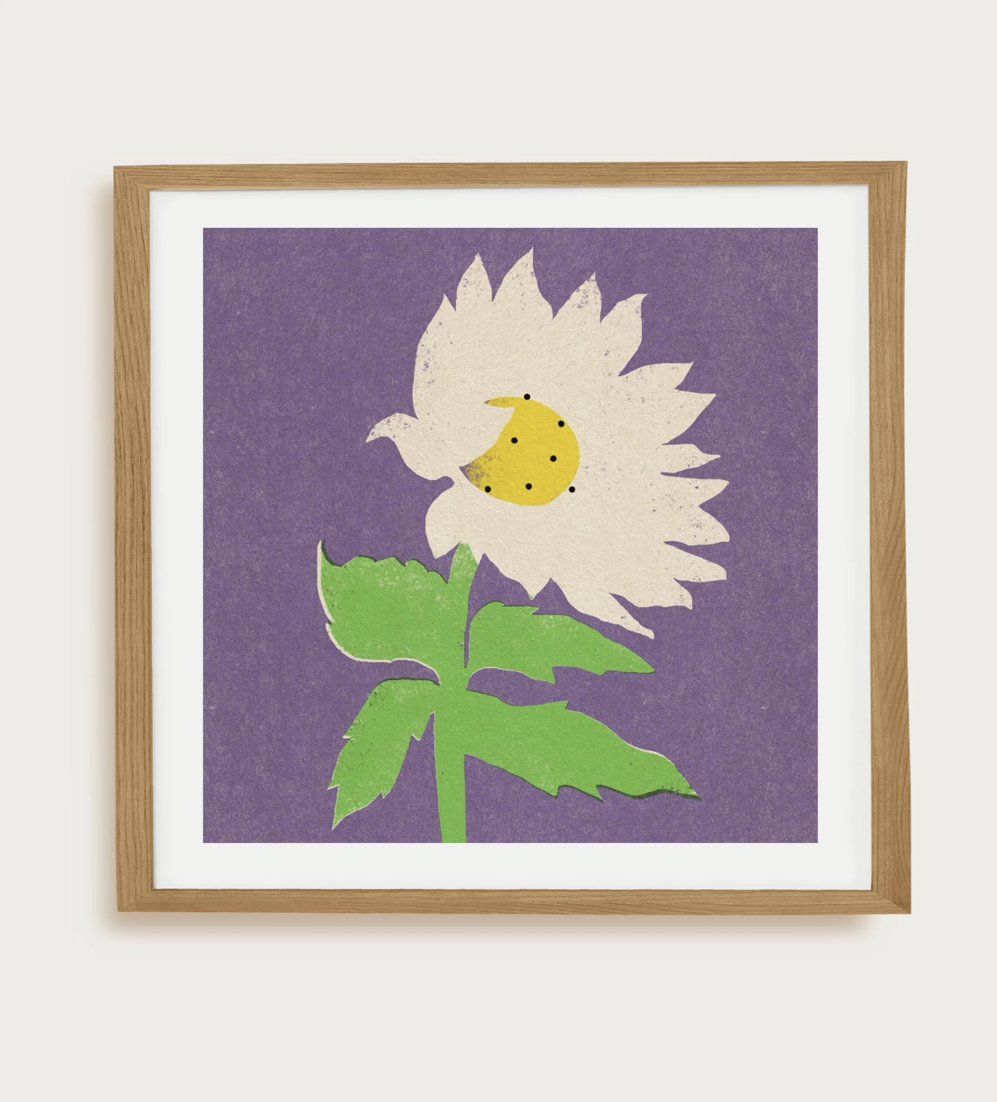Playful botanical illustration of a white flower with a yellow smiling face, bright green leaves and stem against a textured purple background.