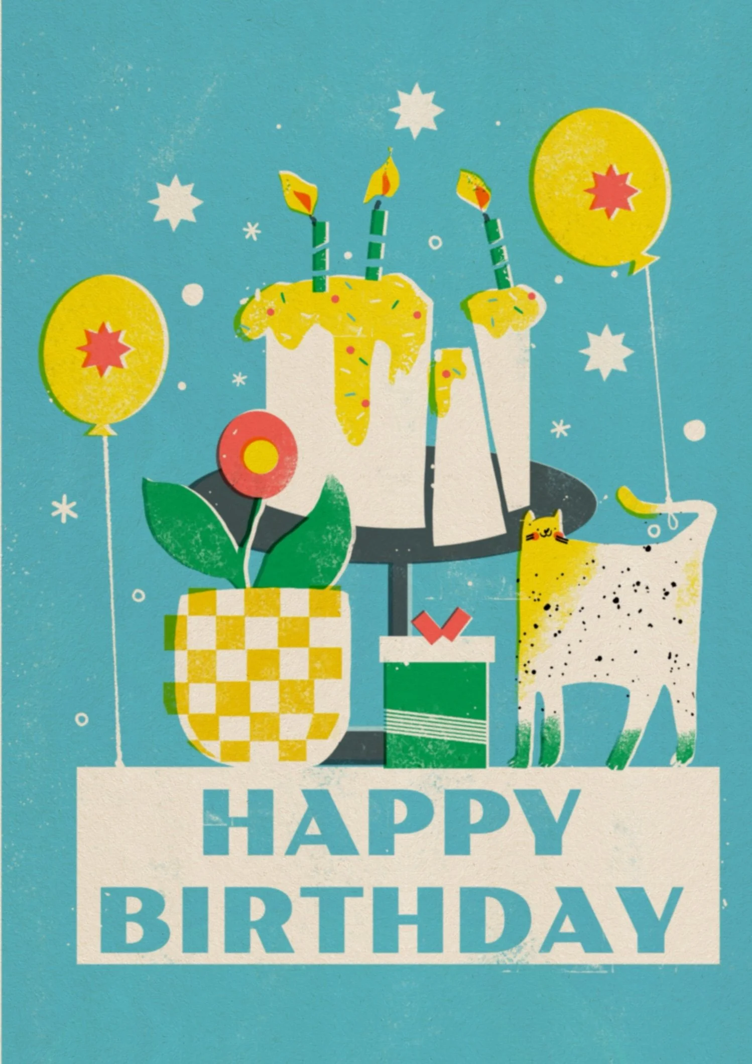 Happy Birthday Postcard on light blue background with cat cake balloons