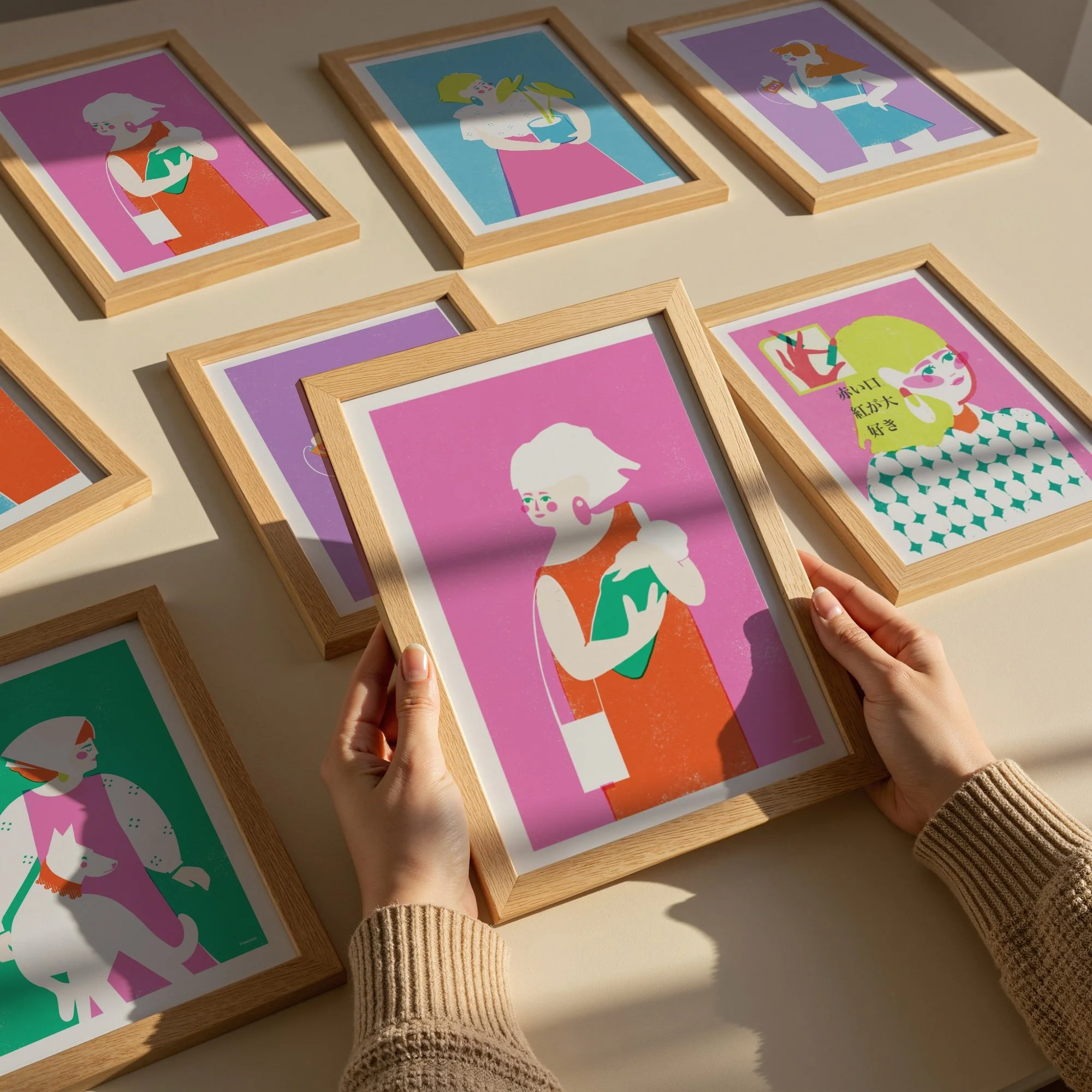 Hands holding Hold Me Close newborn print from Portraits of Her collection, colorful framed female portraits displayed by veronika timokhina vteronikart