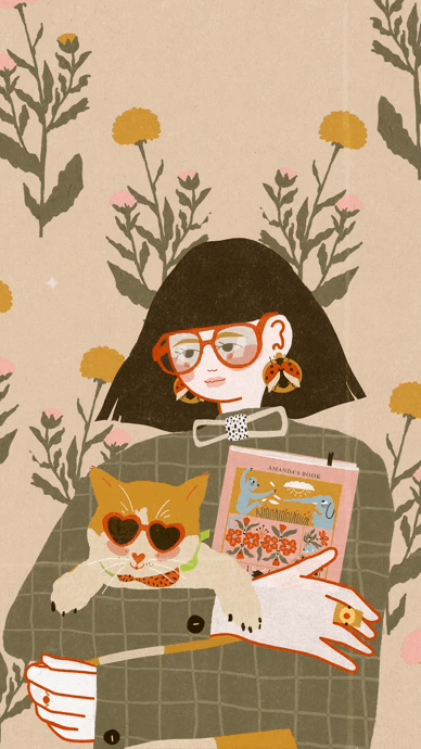 Illustration of a girl with dark hair, glasses, and jewelry taking a selfie with her cat, who is wearing heart-shaped sunglasses and holding a smartphone; a book is visible in the background.