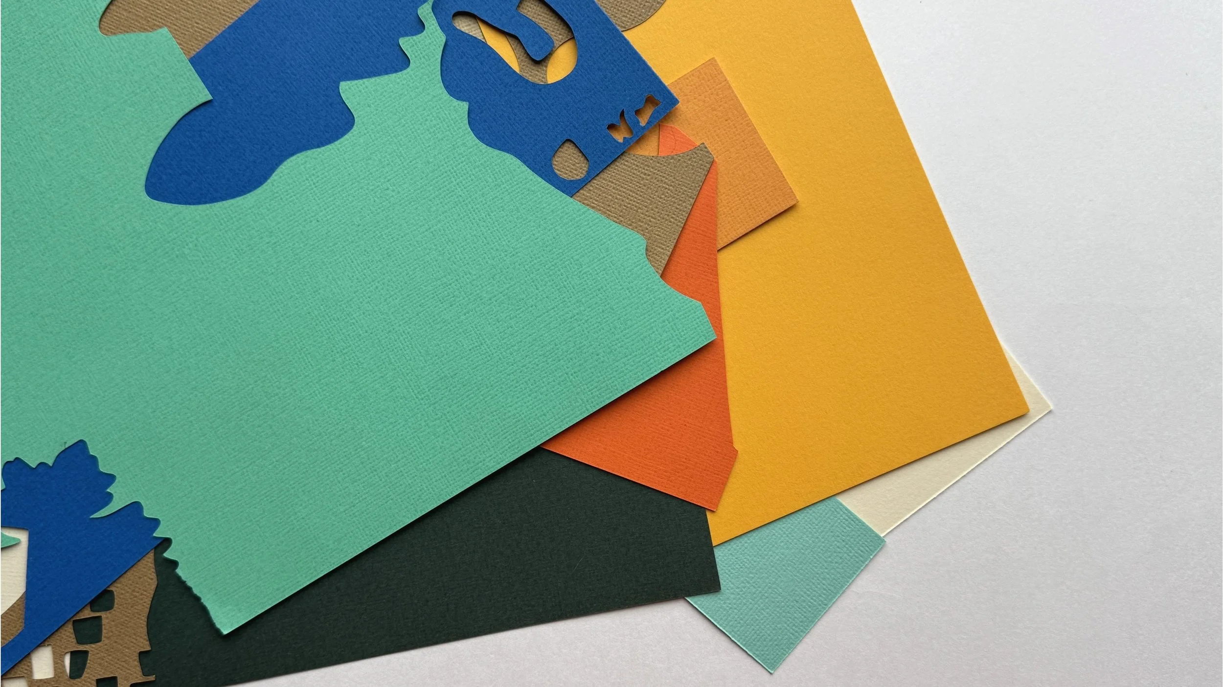 Hand-cut paper collage of [subject/character], layered paper textures, soft color palette, created by Veronika Timokhina.