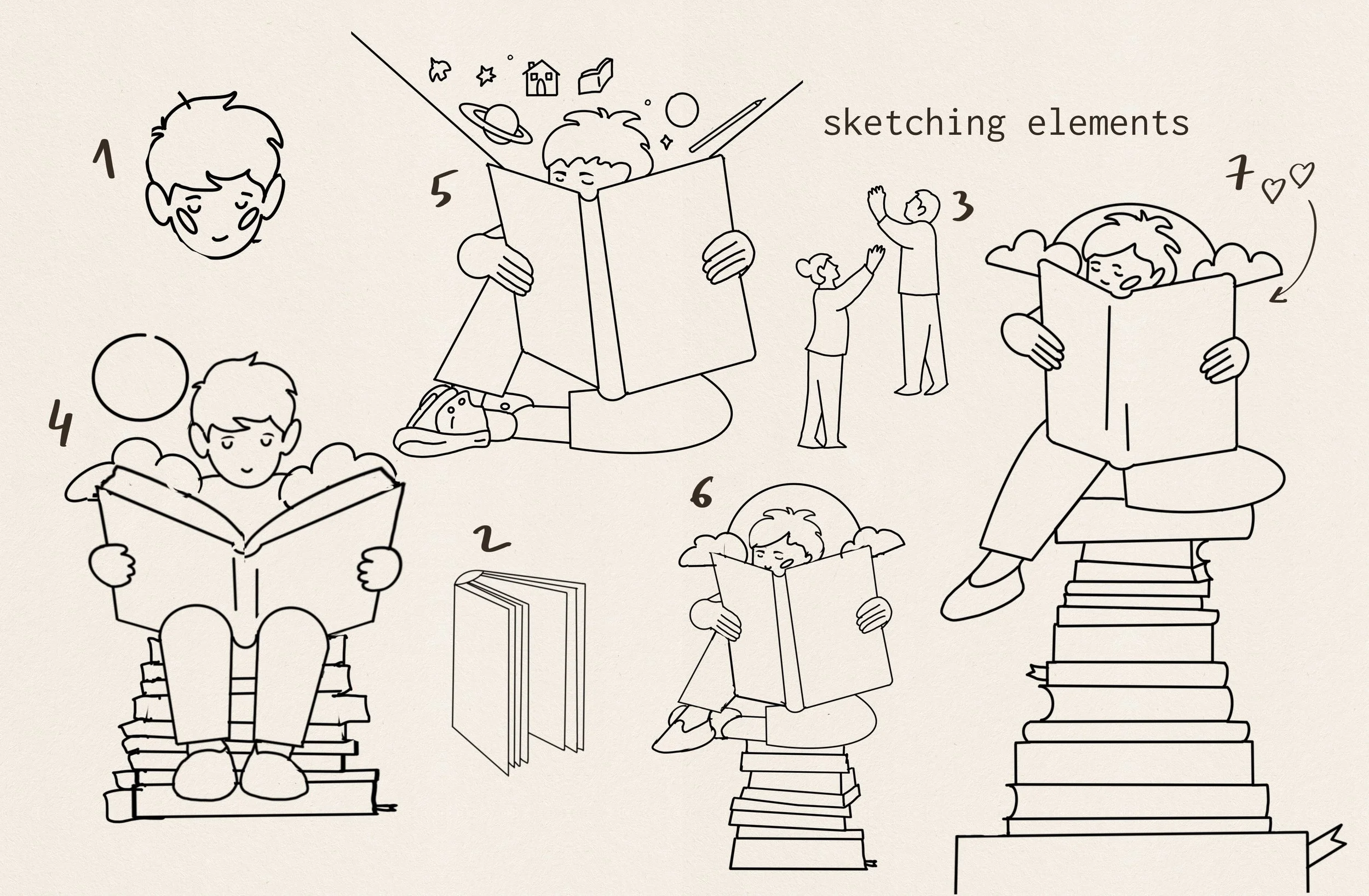 Initial sketches and character studies for Cincinnati Magazine cover illustration 2026, seven variations of children reading, by illustrator Veronika Timokhina