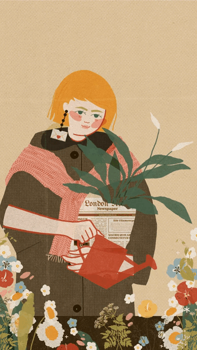 Illustration of a woman with red hair watering a plant in a pot, surrounded by flowers.