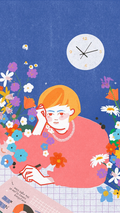 A girl with short blonde hair and pink glasses rests her head on her hand, surrounded by colorful flowers on a blue background with a white clock showing 2:10.