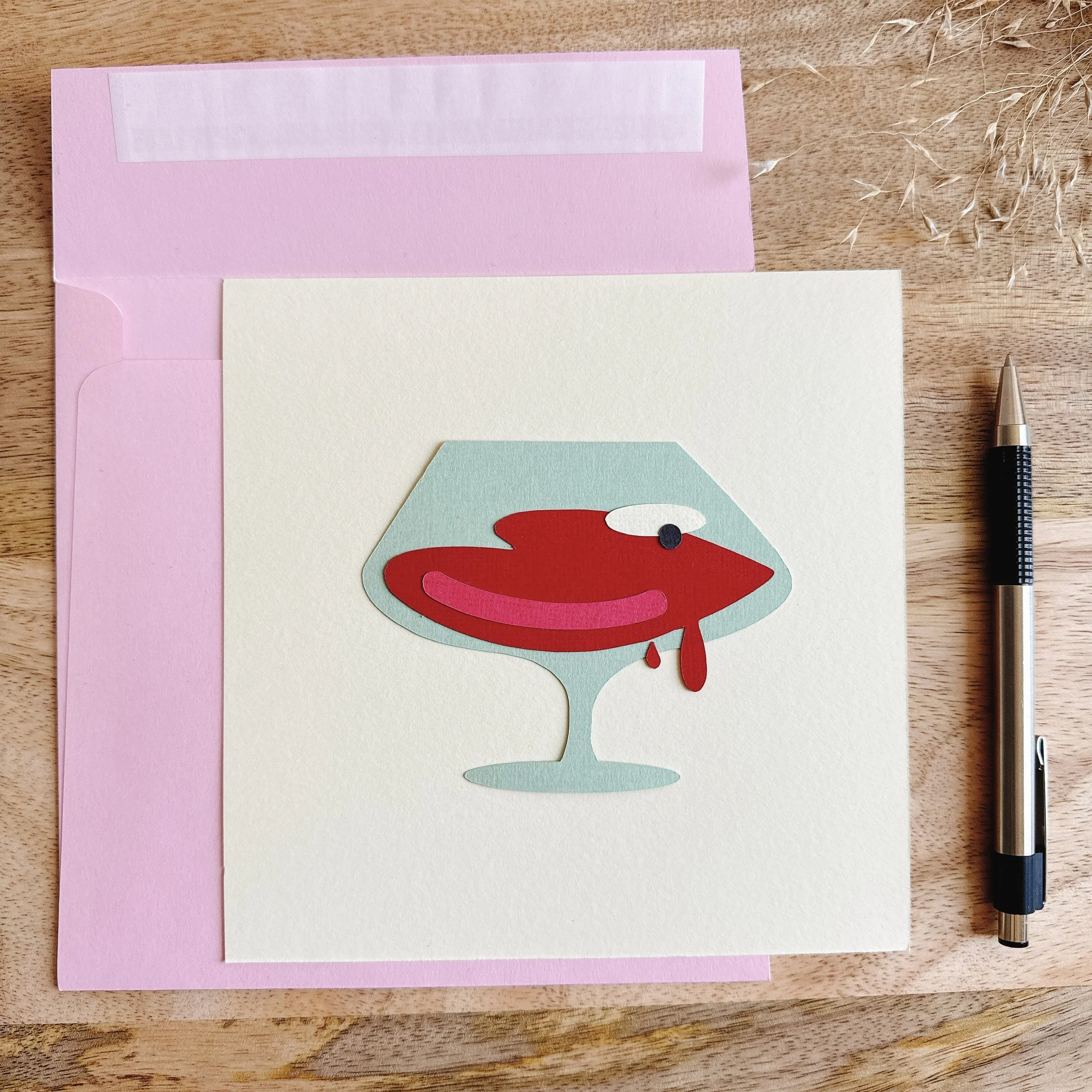 Papercut collage Red, Please — 6x6 inch artwork of a stylized red wine glass with bold character.